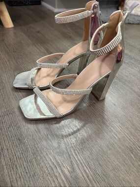 Silver Rhinestone Strap Block Heel Sandals - Women
